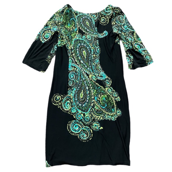 Robbie Bee Black and Green Paisley Dress Size Medium - Picture 3 of 7